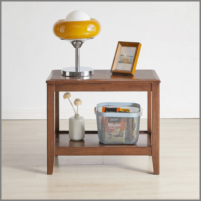 100% Solid Wood Rustic Side Table for Living Room,End Table with Storage Shelf 2-Tier Sofa Table for Living Room, Rubber Wood Indoor Plant Stand