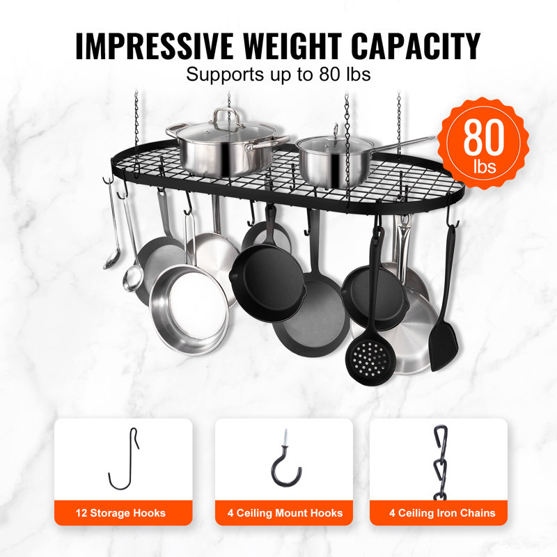 Black Carbon Steel Ceiling Mounted Pot Rack with 12 Hooks