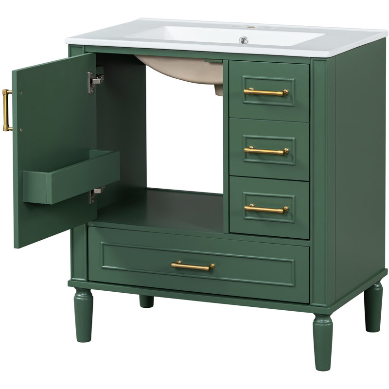 Meuble de salle de bain de 76 cm avec trois tiroirs, portes à fermeture amortie, lavabo en céramique, poignées dorées, rangement compact, espace de bain optimisé