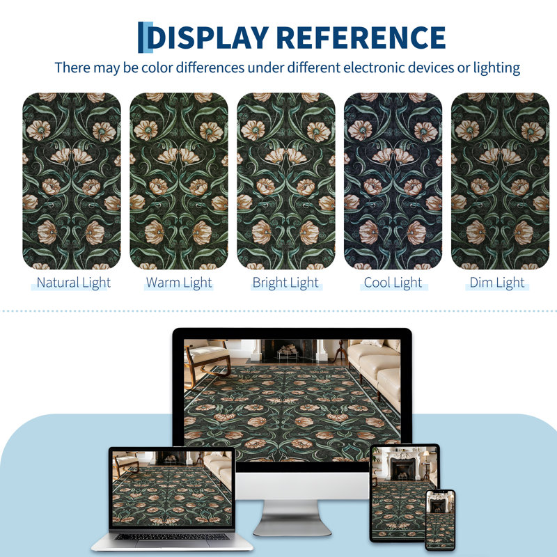Area Rug, Floral Washable Rugs, Modern Style, Non-Slip Low-Pile Soft Floor Carpet for Bedroom, Living Room, Dining Room