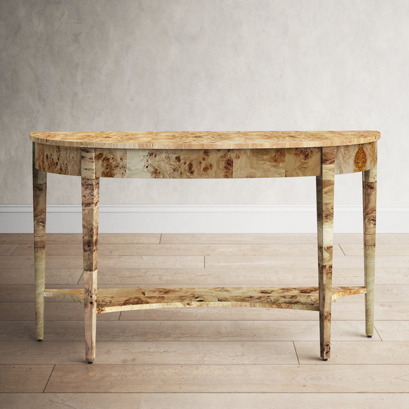 Light Burl Wood Demilune Console Table with Storage Shelf
