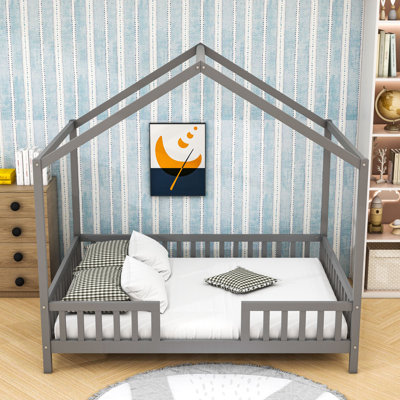 Wooden House Shape Toddler Bed with Guardrails