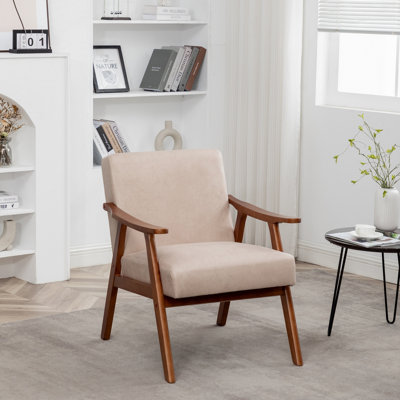 Chaise d'appoint avec revêtement en microfibre et structure en bois massif, mobilier de salon Mid-Century moderne classique pour sièges supplémentaires, chameau clair