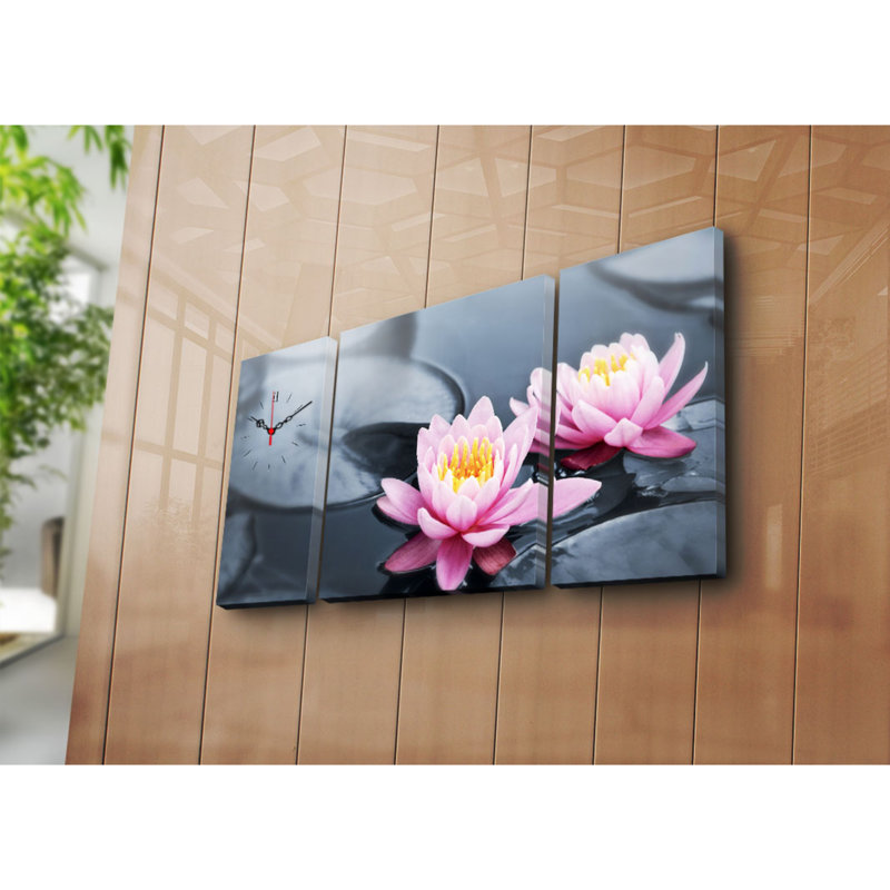 Horloge murale élégante en toile décorative (3 pièces), 33,5 po x 17,7 po | Toile 100% suède avec cadre 100% bois (épaisseur: 1,2 po) | Décoration élégante pour le salon et le bureau, design unique et horloge