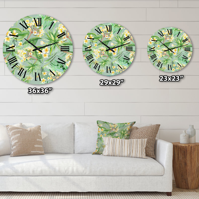 Feuillage tropical et fleurs jaunes - horloge murale moderne, Grand