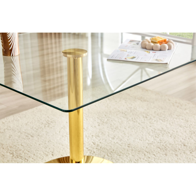 Table de salle à manger 38,5 pouces moderne minimaliste carrée en verre avec base en métal à une colonne. Disponible en noir, or ou argent. Table de salle à manger à domicile. Convient pour 2 à 4 personnes.