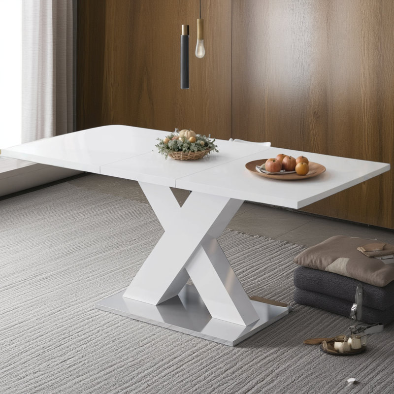 Modern Square Pull-out Dining Table White Tabletop + Mdf X-shaped Legs With Metal Base