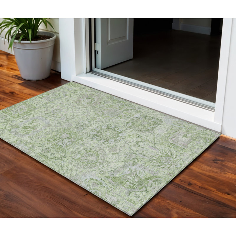 3' X 5' Mint Green And Gray Damask Washable Indoor Outdoor Area Rug