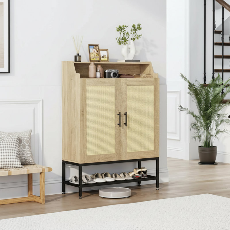 7-Layer Rattan Shoe Rack With Doors, Adjustable Shelves, Soft-Close Hinges, Anti-Tipping Independent Storage Cabinet, Suitable For Entryways And Hallways.