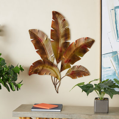 Stainless Steel Metal Palm Leaf Multi Colored Home Wall Decor With Red And Yellow Accents