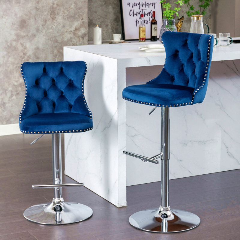 Tabourets pivotants en velours à hauteur de siège réglable de 25 à 33 pouces, tabourets de bar à base chromée avec dossier capitonné confortable