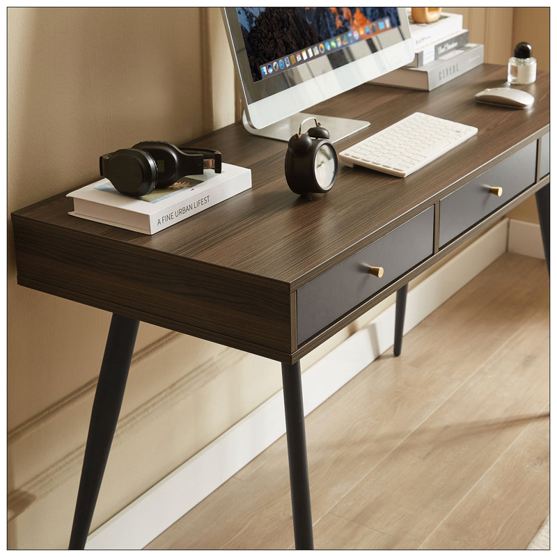Bureau polyvalent Mid-Century avec plusieurs tiroirs pour un travail et une étude efficaces, Gris foncé / noyer