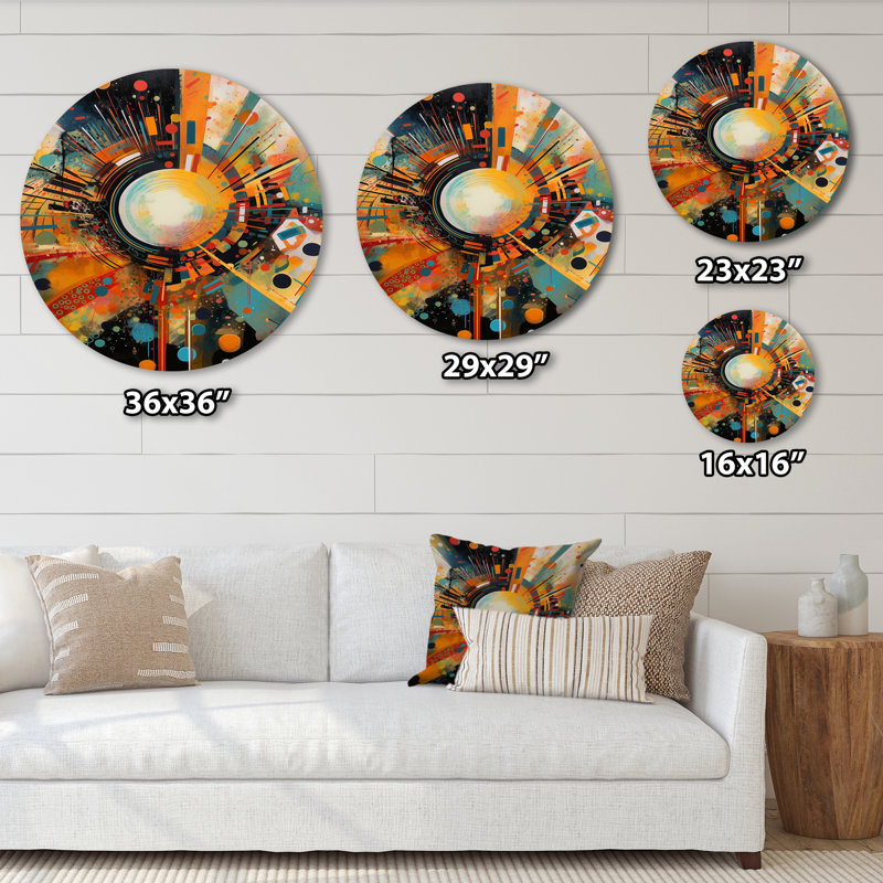 Orange Retro Vibe Background IV - Modern Geometric Metal Round Wall Art, 36" H x 36" W x 1" D