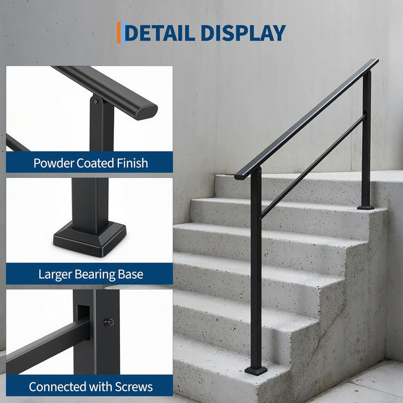 Ensemble de 2 rampes d'escalier en aluminium noir à 2 ou 6 marches avec poteaux en fer, rampe de sécurité conforme ADA pour porche et entrée