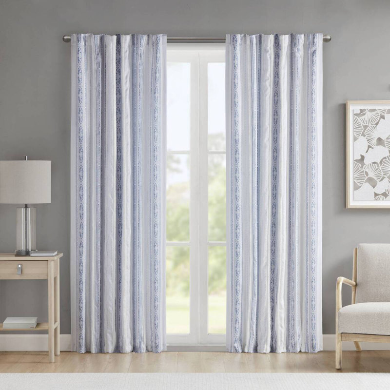 Panneau de rideau imprimé poly avec rayure et doublure touffetées blanc / bleu marine 50 po x 84 po, L 50,07 po x L 84 po