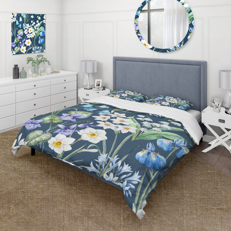 Fleurs de printemps blanches et bleues sur bleu foncé - ensemble de housse de couette traditionnel - microfibre de polyester