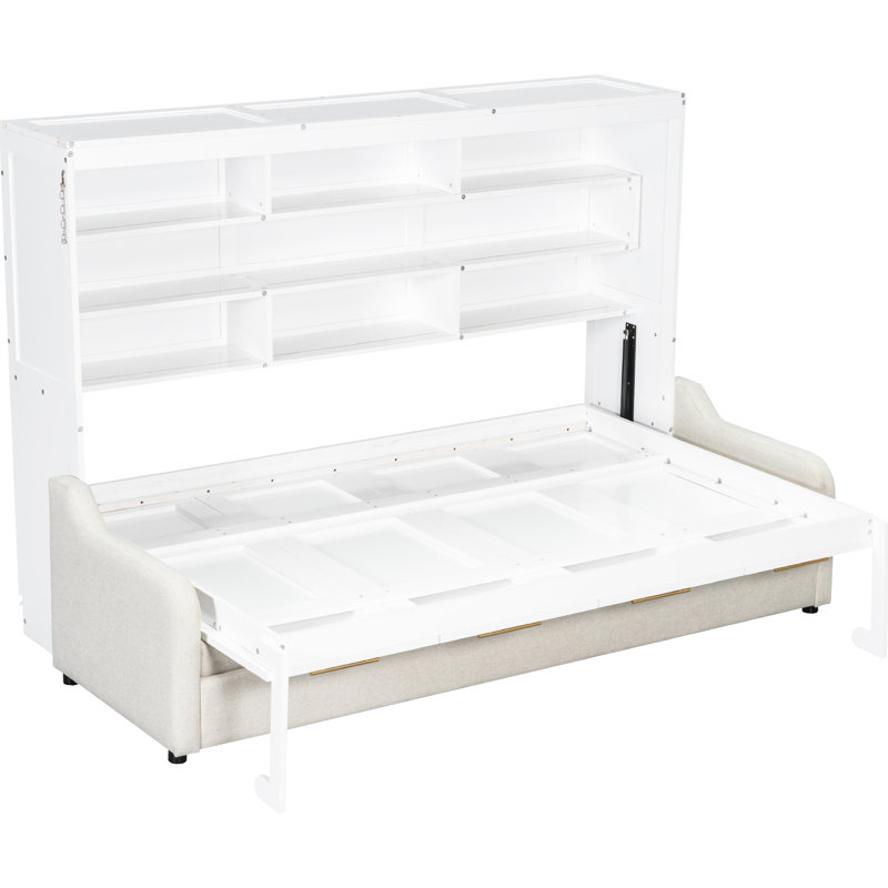 Lit armoire beige avec rangement pliable et rangement, avec éclairage à DEL intégré pour une chambre à coucher chaleureuse