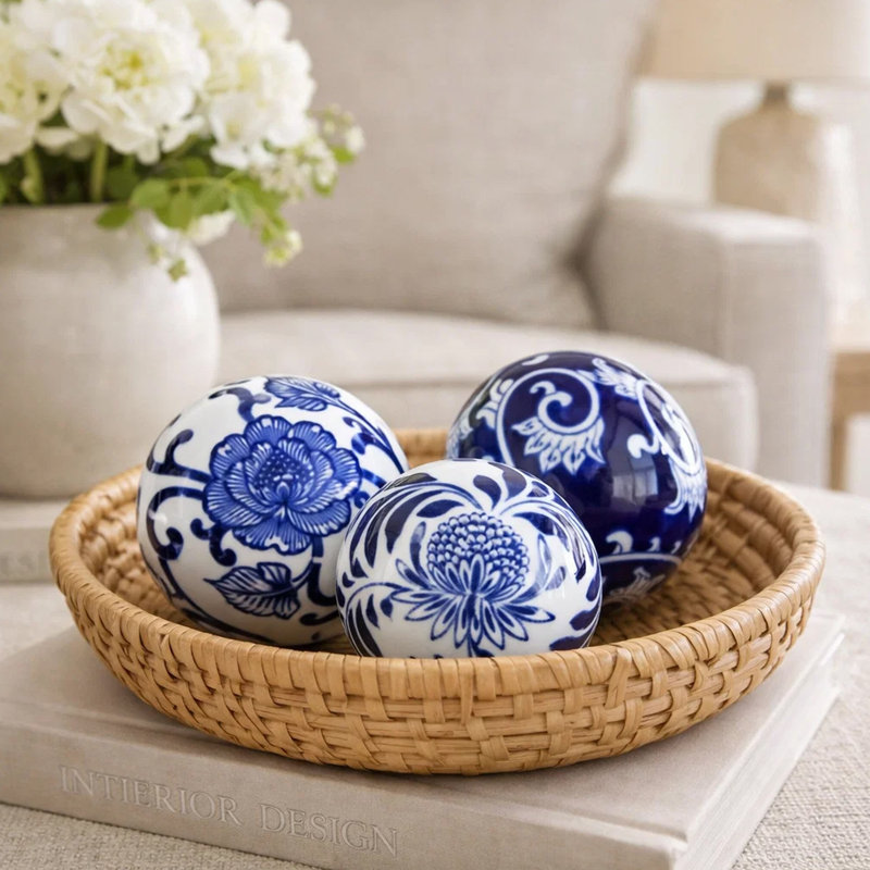 3Pc Decorative Orbs Balls Set, Glossy Blue White Porcelain, Floral Motifs