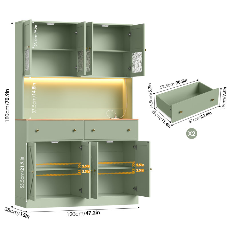 Garde-manger 71 po avec station de charge, lumière DEL et tablette à micro-ondes, armoire de rangement en bois, Vert