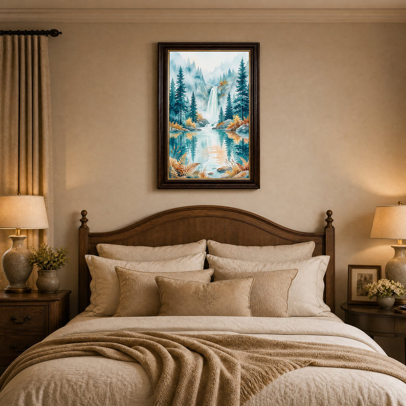 «Misty Waterfall and Pine Trees in Autumn Forest», art mural sur toile, H 18 po x l 12 po