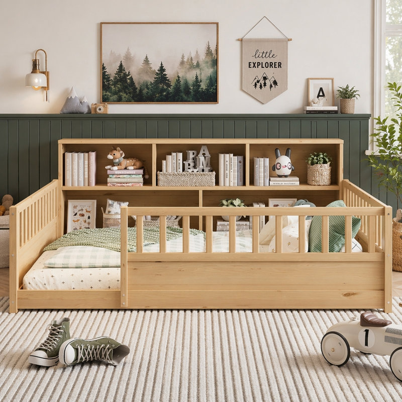Lit de plancher en bois avec barrière de sécurité, Full / Double, Natural
