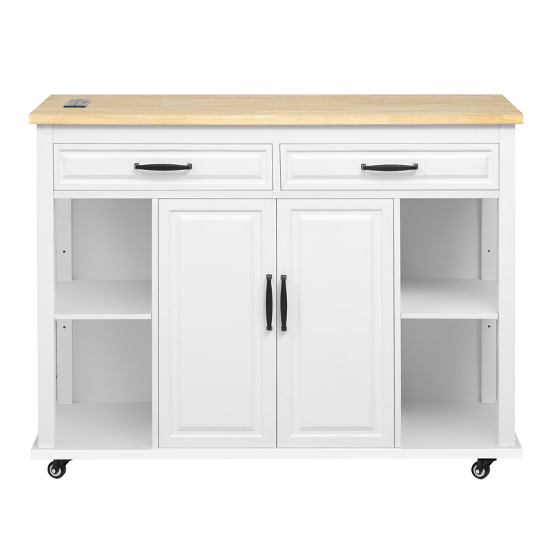 Kitchen Island With Extendable Dining Surface, Rubber Wood Veneer Finish, Internal Storage , 2 Ac Outlets, 1 Type - C Port 47 Inch Cart Table, Top, Adjustable Shelf Units, Soft Close Drawer Mechanisms