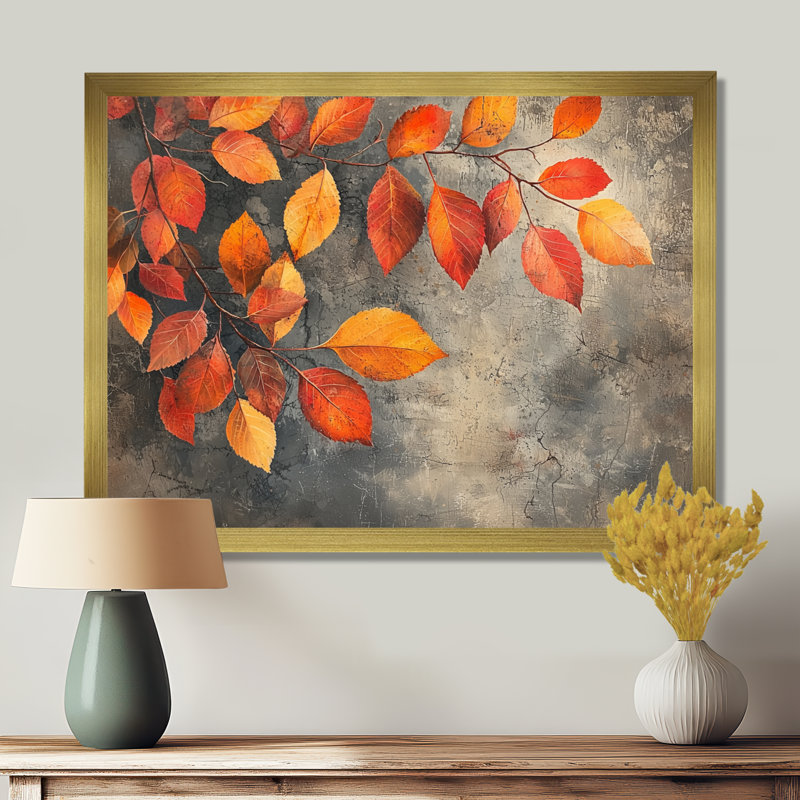Ikem Orange Autumn Leaves IV - feuilles, art mural, H 30 po x l 40 po, Reproduction encadrée d'une seule photo, Doré