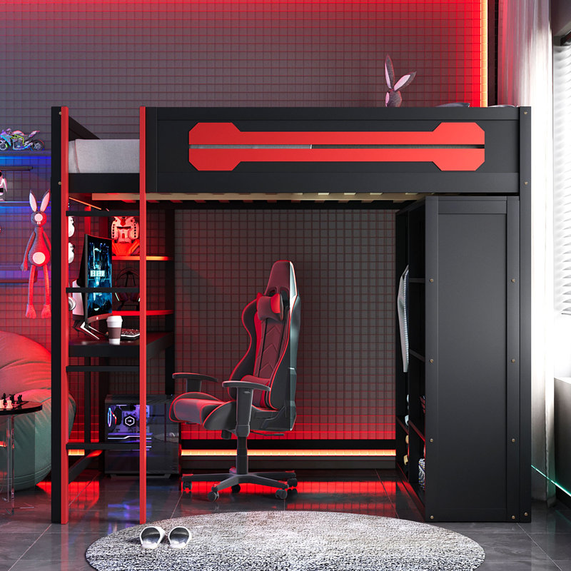 Lit mezzanine en bois peu encombrant avec bureau, design rouge moderne pour la maison