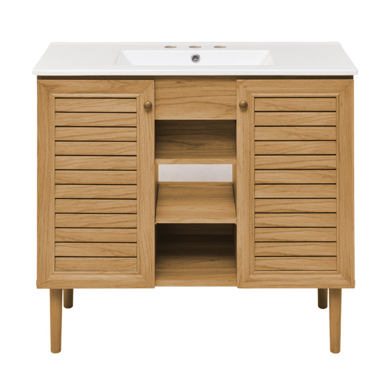 Meuble-lavabo autoportant 36 po Bron, Blanc, Chêne doré, 8 po