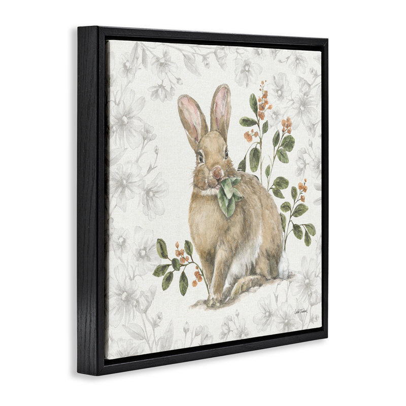 "Floral Garden Bunny", art mural encadré par Leslie Trimbach, Cadre flottant noir de jais, H 18 po x l 18 po