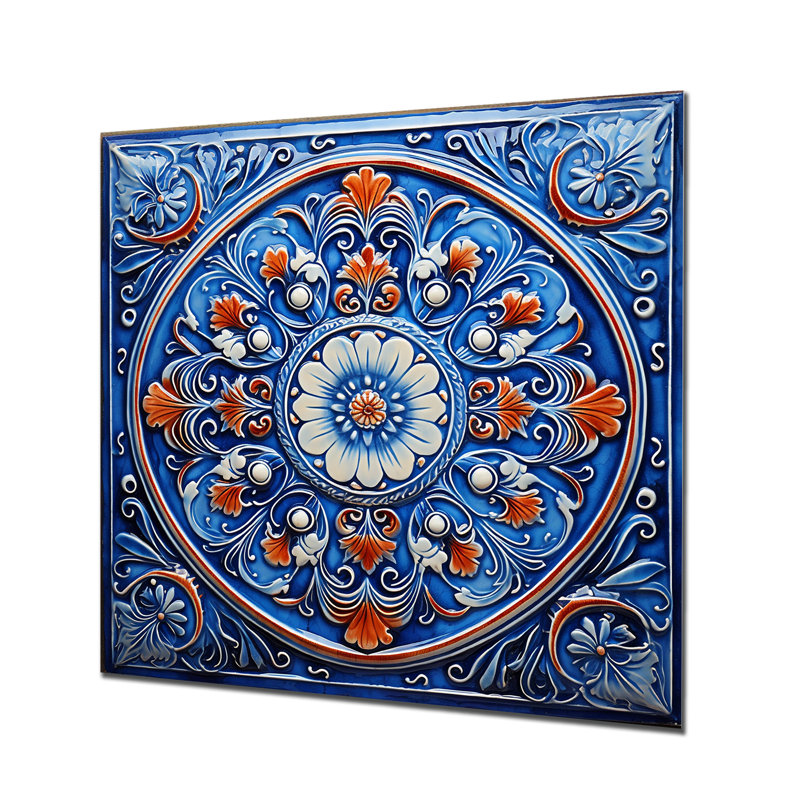 Floral Boho Blue And Orange Tile Mosaic 4 - Boho Tiles Metal Wall Art, 16" H x 16" W