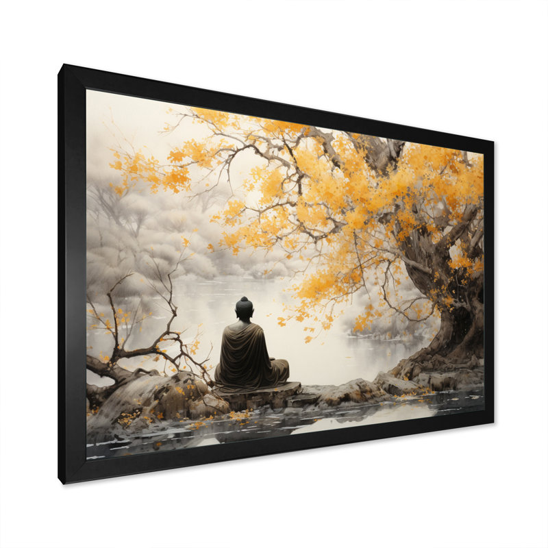 Décoration murale bouddhisme gris et jaune II - Bouddhisme, Cadre photo unique, H 34 po x l 44 po x P 1,5 po, Noir