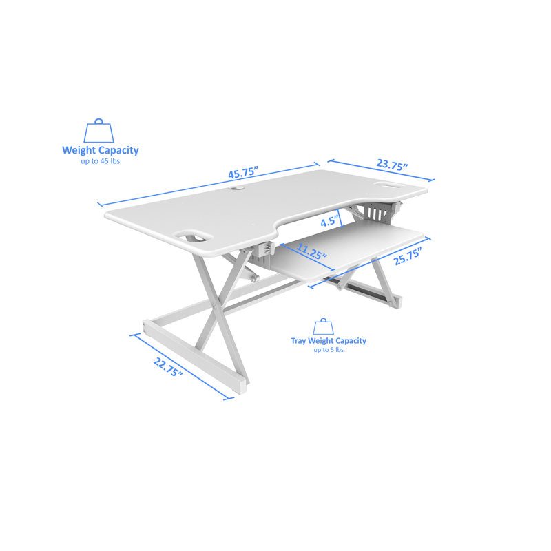  46 in. White Height Adjustable Standing Desk Converter with Double Monitor Mount Stand and Deep Keyboard Tray, White/White
