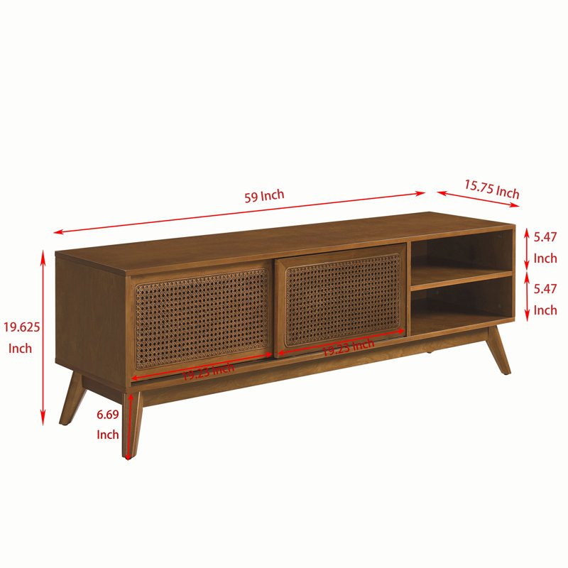 Mid Century Modern Rattan TV Stand For 65 Inch TV, Entertainment Cabinet, Media Console For Living Room Bedroom Media Room, Solid Wood Feet & Rattan Cabinet Doors
