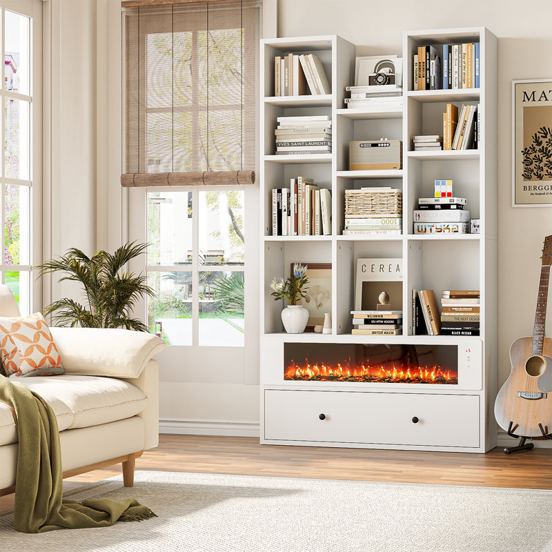 65" Bookcase With Drawers and 36" Decorative Electric Fireplace (No Heat), 4-tier Open Bookshelf With 11 Storage Cubes,  modern Storage Accent Bookshelf For Home, Office, Living Room,white