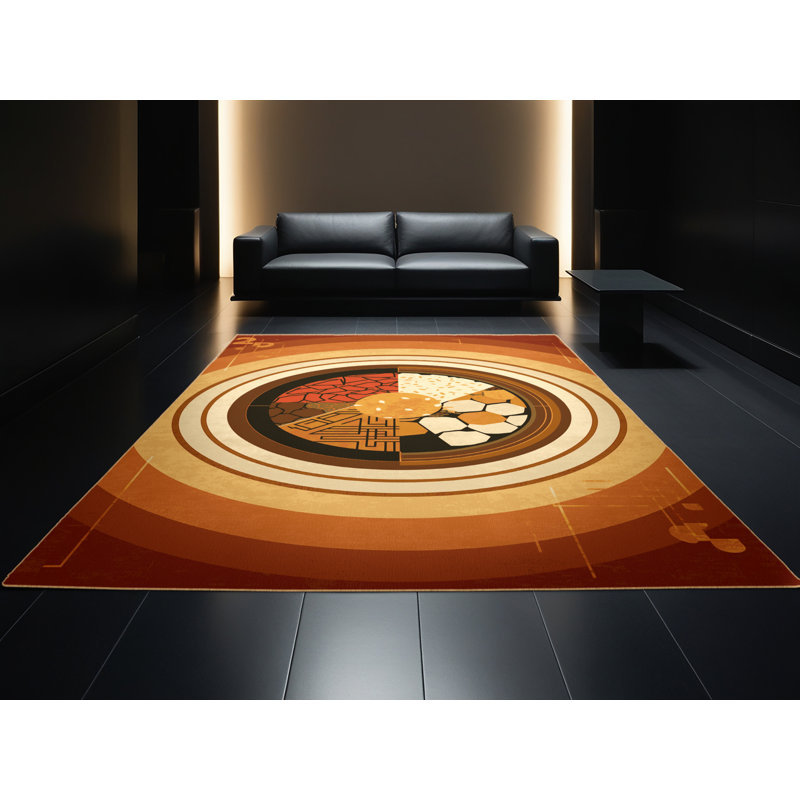 Machine Washable Elkton Bibimbap Bowl Global Inspired Geometric Rug in Brown – LightBrown Binding, 5x7