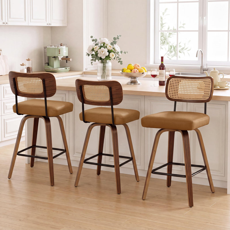 Ensemble de 2 tabourets pivotants à hauteur de comptoir avec dossier en rotin, Brown, 2