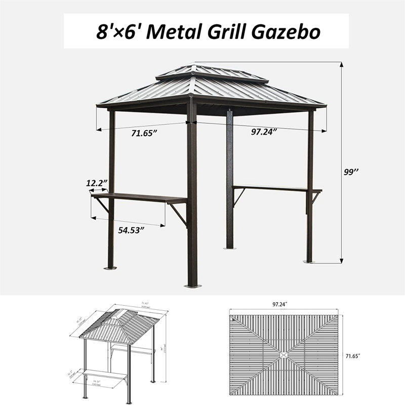 Pavillon de jardin 8 '6' en aluminium avec structure stable, double toit et 2 tablettes de couverts pratiques - brun 6 ', métal, pour poste de travail extérieur