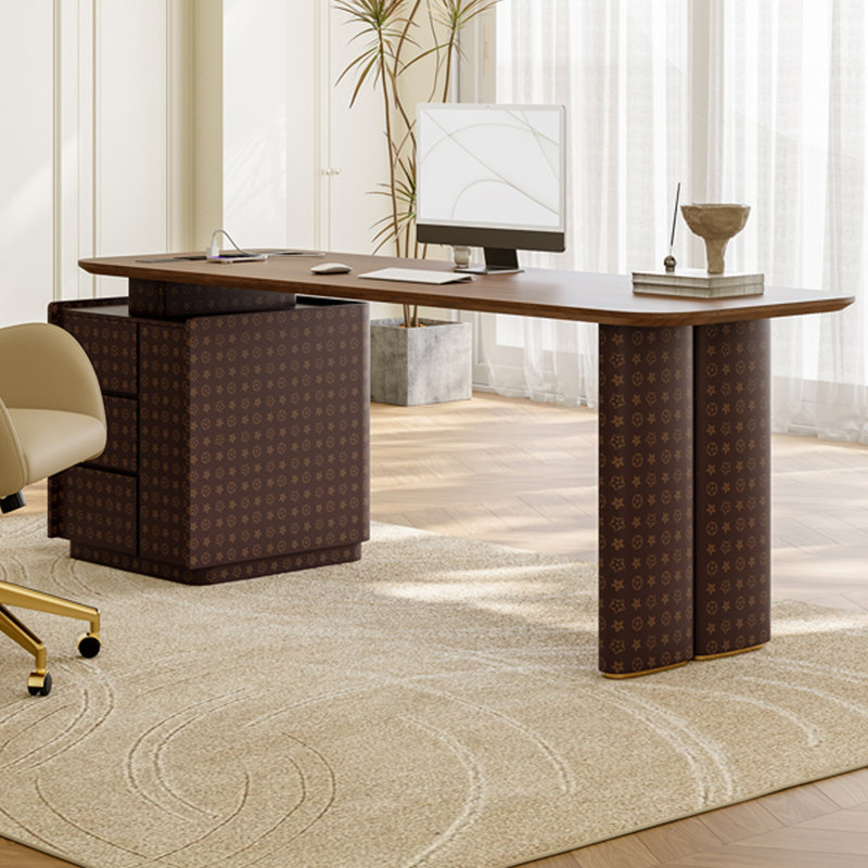 Bureau rectangulaire à 3 tiroirs en bois manufacturé brun noisette + brun, Retour à gauche