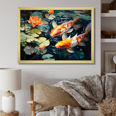Art japonais encadré jaune et rouge, Japon, Koi III