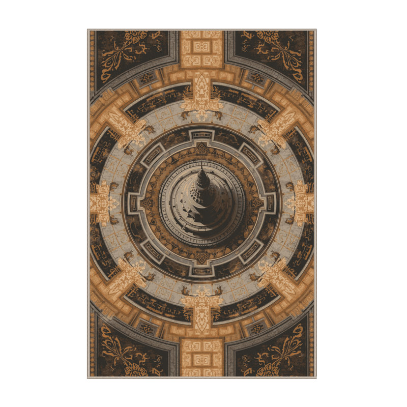 Machine Washable Orkan Borobudur Temple Indonesia Classic Oriental Rug in Brown – Beige Binding, 5x7