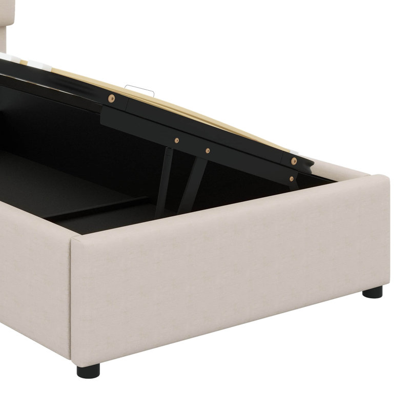Lit simple avec rangement latéral relevable et structure rembourrée en lin hydraulique, Beige