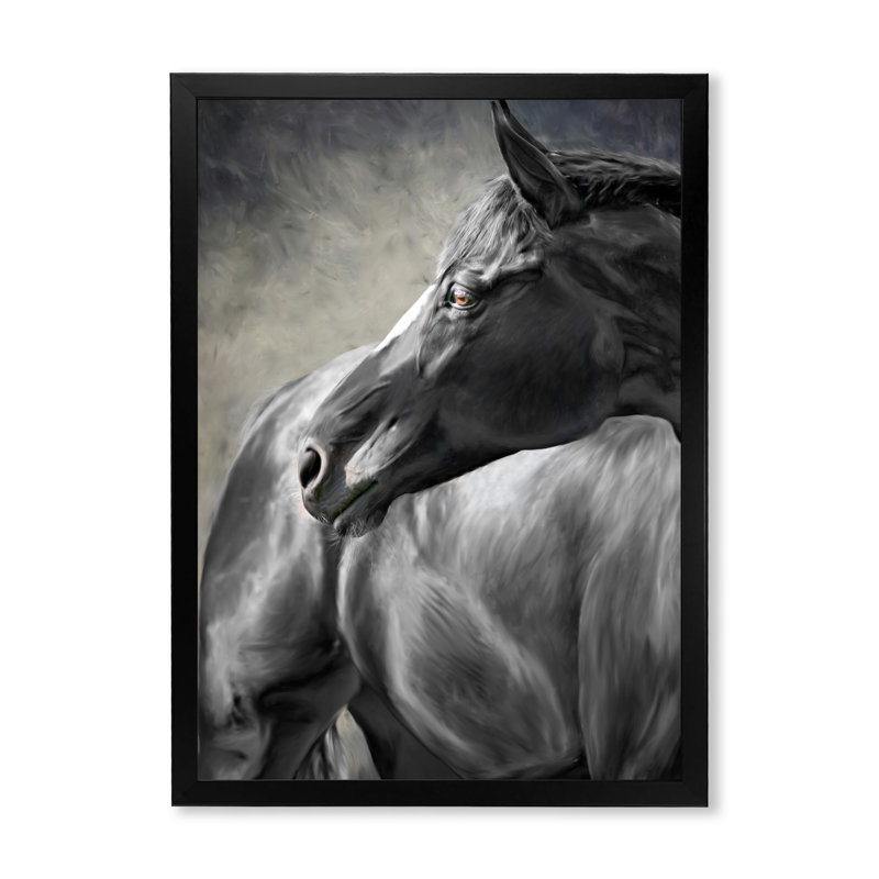 Portrait d'un cheval noir - peinture sur toile, H 20 po x l 12 po x P 1,5 po, Toile avec cadre noir