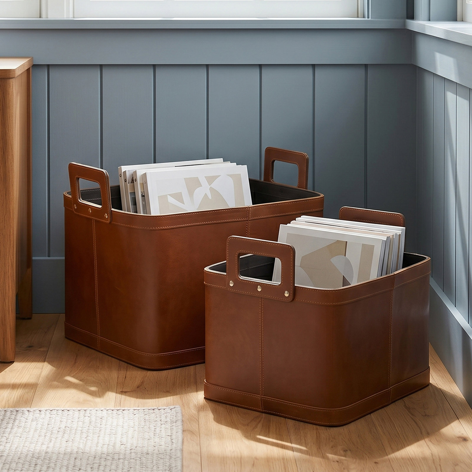 Handmade Leather Storage Baskets (Set of 2)