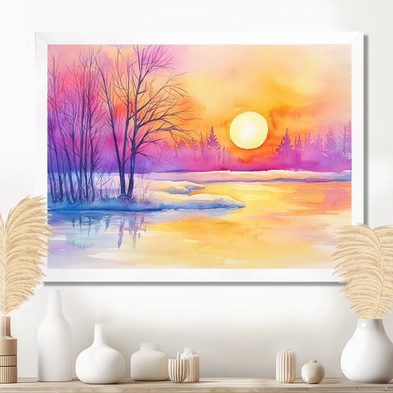 «Winter Lake Sunset In Alaska I - Winter Landscape», reproduction sur toile, H 16 po x l 32 po, Blanc