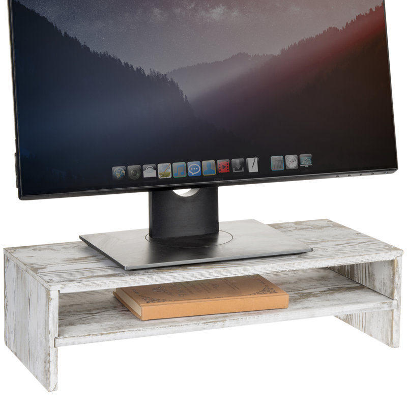 Support pour écran plat en bois massif blanchi à 2 niveaux avec tablette de rangement, ordinateur de bureau et écran d'ordinateur pour bureau personnel