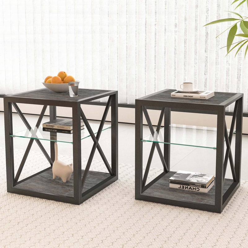 Ensemble de 2 tables de bout modernes - Verre trempé et grain de bois rustique - Industriel, Gris / Noir, 2