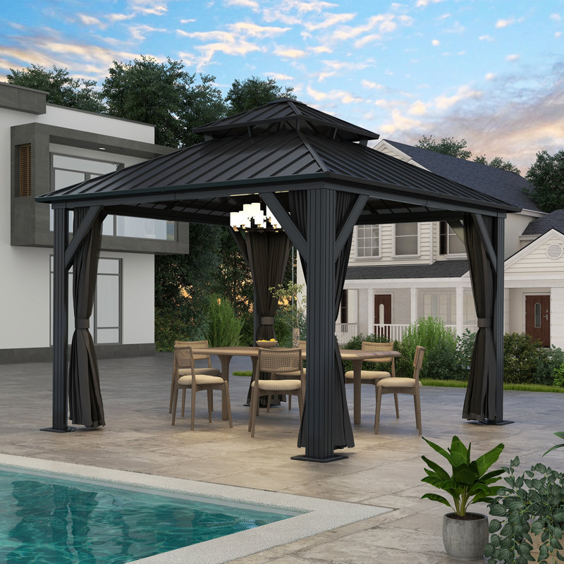 Aluminum Patio Gazebo - Galvanized Steel Hardtop Gazebo with Curtains & Netting, 12 ft. W x 12 ft. D