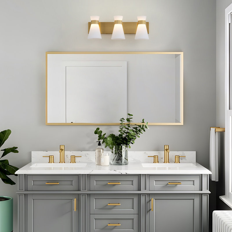 3-Light 3000K LED Vanity Light, Polished gold with glass shade, Dimmable, 24W, ETL Certified