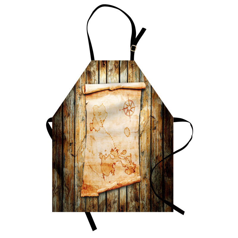 East Urban Home Pirate Apron Unisex, Map on Grunge Timber, Adult Size, Cream Brown